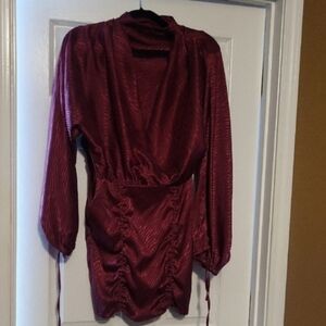 4SI3NNA Burgundy Satin Wrap Mini Dress